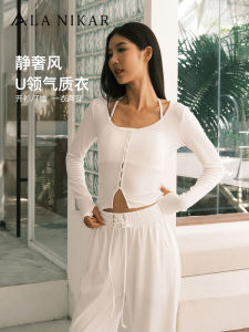 La Nikar Womens Fitness Yoga Clothes Long Sleeve U-Neck Breathable Sports T-Shirt Short Style Belly Button Exposure Pilates