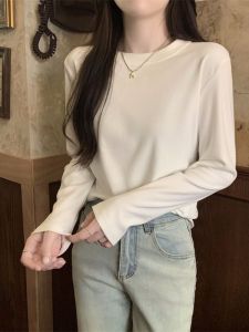 Slim Fit round Neck T-Shirt Womens Solid Color Base Shirt Short Length Proper Shoulder Versatile Top Korean Style Long Sleeve