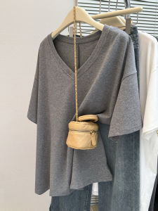 เสื้อยืดแขนสั้นผ้าฝ้ายแท้ทรงหลวมสำหรับผู้หญิง ฤดูร้อน 2025 เสื้อเชิ้ตแขนสั้นสไตล์เกาหลี ใส่ได้ทั้งในและกลางแจ้ง ทรงหลวม คอวี