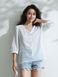 Miccbeirn | เสื้อเชิ้ตคอวีแขนยาวผ้าไหมมัลเบอร์รี่สไตล์ย้อนยุคสำหรับผู้หญิง เสื้อเชิ้ตแขนยาวสามส่วนทันสมัย ​​เสื้อเชิ้ตผู้หญิง