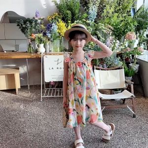 Floral Girls Princess Dress Summer Backless Childs Sleeveless Long Dresses Sweet Print Loose Kid Wear 4 5 6 7 8 9 10 11 12yrs Teens Clothes