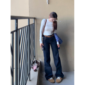 เอวสูงเข้ารูปพอดีกางเกงยีนส์สําหรับผู้หญิงฤดูใบไม้ผลิฤดูใบไม้ร่วง 175 สูงและยาวพิเศษกางเกงขาตรงสีน้ําเงินเข้มพร้อมซิป