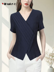 Slimming Short Sleeve V-Neck Chiffon Shirt Womens Business Style Waist-Cinching Top Elegant Commute Pleated Summer 2024