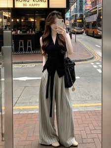 XUECAIQI | No Sleeve Black Knit Vest with Striped Pants Set Summer Outfit