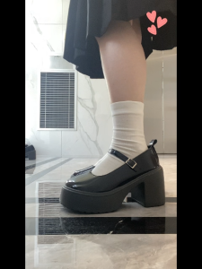 Falimottype)Size 35-40 Womens Fashion High Heel Leather Shoes Thick Heel JK Mary Jane Shoes School Student Sandal Black Loafers