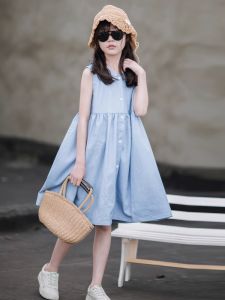 Girls Summer Sleeveless Tencel Vacation Seaside Long Dress Little Girl Sweet Princess Cotton Vest Skirt