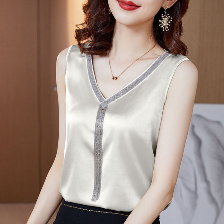 WOU & EY เสื้อเบลาส์แขนกุดคอวีสำหรับผู้หญิงสไตล์เกาหลีสำหรับผู้หญิง ...