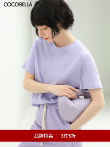 COCOBELLA Embroidered Letter Candy Color round Neck Short Sleeve T-Shirt Womens Simple Half Sleeve Cotton Polyester Blend