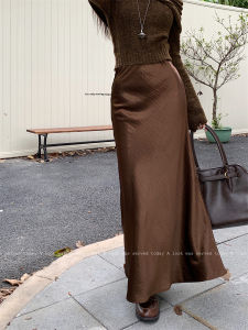 Retro Fashionable Acetate Satin Wrap around High Waist Draped Fish Tail Long Skirt Womens Autumn Winter New Style Commute A-Line Skirt