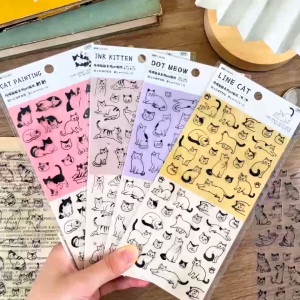 INS Japanese Style Cute Line Art Cat Kawaii Neko PET Stickers Waterproof DIY Decorations Journal Scrapbooking Labels
