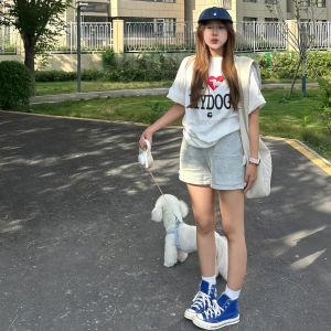 Quần Short Thể Thao Lưng Cao Bằng Cotton Nguyên Chất Màu Xám Trắng Phong Cách Mỹ Mùa Hè Quần Dài Ba Điểm Rộng Rãi Cho Nữ