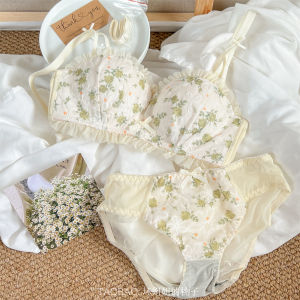 Floral Lace Bra Adjustable No Steel Ring Gather Small Chest Illusory Large Sweet Style U-shaped Shoulder Strap Removable