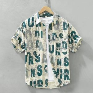 Hong Kong Style Green Gray Letter Short-Sleeved Shirt Men Summer New Style Japanese Design Casual Shirt Letter Full Print