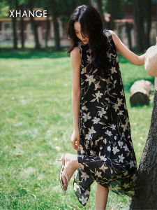 Dry Hemp Lily Printed Sleeveless Elegant Womens Dress