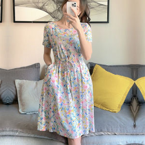 Floral Cotton Silk Dress Short Sleeve New Style Summer Cool Cotton Silk Waist Cinching Pocket Artificial Cotton Midi Skirt