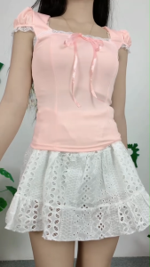 ชุดเซ็ต เสื้อแขนสั้นลูกไม้+กระโปรงผ่าลายโปร่ง ดูเซ็กซี่