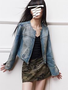 Korean Style Retro round Neck Denim Jacket Womens Fall New High-End Zipper Versatile Elegance Jacket Top Long Sleeve Short