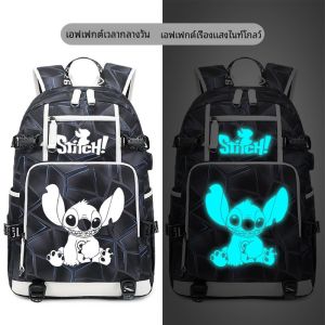 กระเป๋าเป้สะพายหลังผ้าไนลอนลายการ์ตูนสตีช กระเป๋าสะพายไหล่แบบสองข้างสำหรับนักเรียน กระเป๋าเป้สะพายหลังแบบสะท้อนแสงกลางคืน กระเป๋าใส่ของใช้สำหรับเด็ก