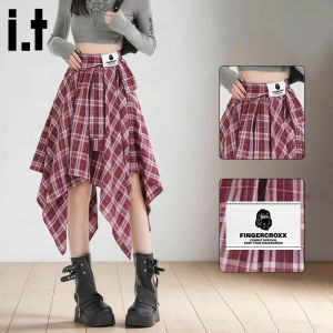 FINGERCROXX | Red Irregular Plaid A-Line High Waist Halter Hem Skirt