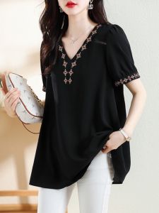 XL plus Size Womens Clothes Retro Embroidered V-neck Chiffon Shirt Womens Short-Sleeved Summer Dress Plus Size Ladies Belly-Covering Coat Hide Meat 100.00kg