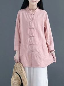 Chinese Style Womens Clothing Jacquard Cotton Linen Long Sleeve Blouse Womens Autumn Mid Length Long Length Retro Placket Chinese Frog Tang Suit Tea Clothing Top