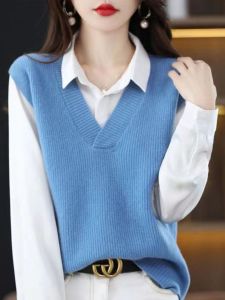 Korean Style Pure Color Knitted Vest Womens Loose Outerwear Sweater V-neck Regular Sleeveless Fashionable Autumn New Arrival