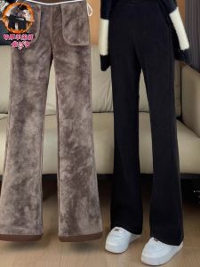 Lamb Velvet Pants Womens Thickened Fleece Lined Micro Flared Pants Autumn Winter New Style Black Slimming Casual Trousers