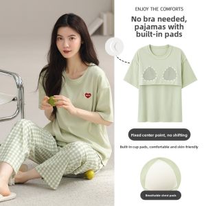 Miiow | Pure Cotton Short Sleeve Long Pants Sleepwear For Women Spring Autumn Comfortable Breathable Home Clothes With Chest Pad