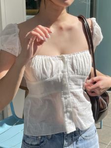 French Sweet Style Bubble Sleeve Square Collar Short Sleeve Slim Fit Short T-Shirt Women Summer New Fashion Button up Cardigan Top