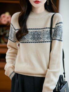 หนาขึ้น ผ้าขนสัตว์แท้เนื้อหนา เสื้อสเวตเตอร์ถัก ผู้หญิง นุ่ม ผ้าคอตตอนเนื้อนุ่ม ปกเสื้อ เสื้อสเวตเตอร์ อุ่น ลายดอกไม้ สไตล์ลำลอง