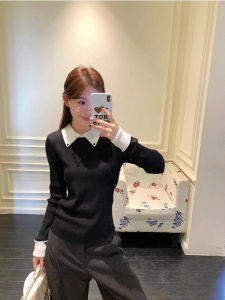 Korean College Style Color Block Collar Knitted Sweater Womens Slim Fit Long Sleeve Base Shirt Top Casual Style Polyester Fiber