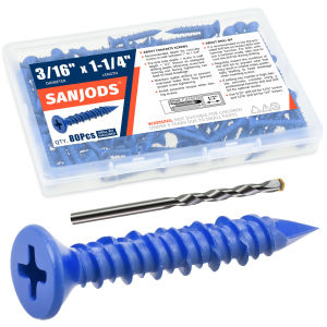 3/16" Or 1/4" Concrete Screw Anchor Blue Flat Head Screws for Anchoring to Masonry Brick Block Cement Or Stucco (Pack of 80)