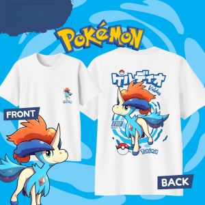 Bandai | Anime Pokémon Keldeo Printed Cotton T-shirt Summer Mens and Womens Harajuku Clothing Fashion Casual Street T-shirt Fan Gifts