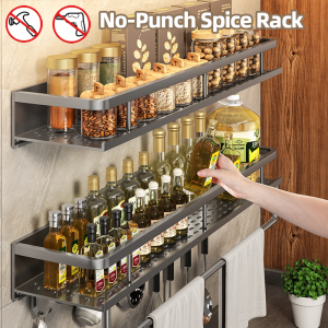 Wall-Mounted Kitchen Spice Rack Organizer Carbon Steel No Drilling 12-20 Inch Seasoning Holder Shelf for Easy Access to Spices
