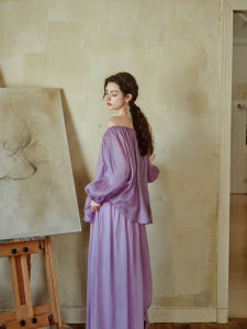 ReVe Exclusive Linen Silk Set Loose Fit Shoulder Bubbles Long Sleeve round Neck Two Pieces Womens Fashion Spring Outfit