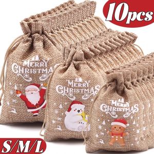 20/10Pcs Christmas Linen Drawstring Bags Candy Biscuits Pouchs Xmas Favor Bracelet Jewelry Packaging Santa Claus Pattern Sacks