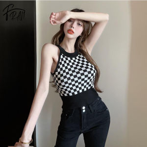 FRAN Retro Checkerboard Plaid Halter Neck Knitted Camisole: A Stylish Summer Inner Bottoming Top
