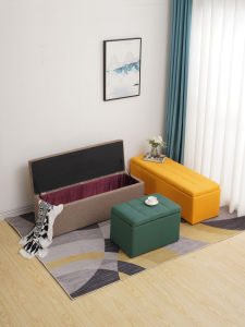 Minimalist Modern Cotton Cloth Storage Stool Long Rectangular Face for Bedroom Daily Use Wooden Column 150kg Load Bearing