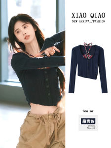 Jingjingyi American Retro Plaid Long Sleeve Knitted Sweater Womens Slim Short Uneven Top Celebrity Commute Style Button Design