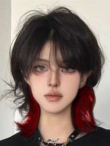 Womens Partial Highlight Red Wolf Tail Millennium Hanging Ear Samurai Head Personality Side Part Bangs Hairdressing Wig