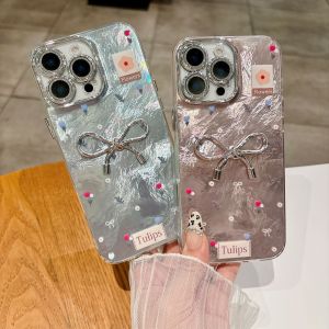 [Nóng] ống kính khép kín vỏ điện thoại IMD mẫu nơ 3D xanh dương & hoa màu hồng có vòng đeo tay cho iPhone 11 12 13 14 15 16 Serie