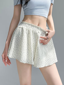 White Floral Print Shorts Womens Summer Sporty Elastic Waist A-Line Wide Leg Hot Pants Asymmetrical Commute Style High Waist