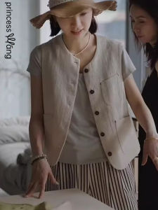 WANGGONGZHU | เสื้อกั๊กผ้าลินินคอตตอนสไตล์ลำลองสำหรับผู้หญิงในช่วงฤดูร้อนปี 2025 เสื้อคลุมกันหนาวทรงเข้ารูปทันสมัย เสื้อกั๊กผู้หญิงที่สวมใส่ได้หลากหลาย