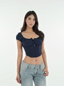 French Vintage Square Neck Buttoned Corset High Waist Top
