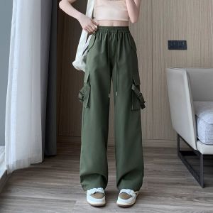 Wanita Celana Panjang Celana Kargo Lurus Polos Longgar Celana Pinggang Elastis