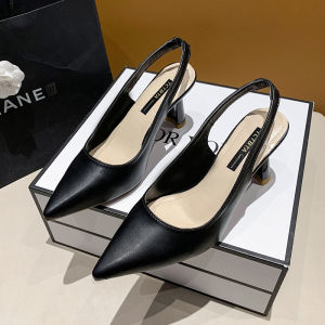 รองเท้าแตะรัดส้นปิดหัวส้นสูง ฤดูร้อนปี รองเท้าชั้นเดียว สายรัดเปิดหลังสีดำสไตล์เกาหลี เรียบง่าย