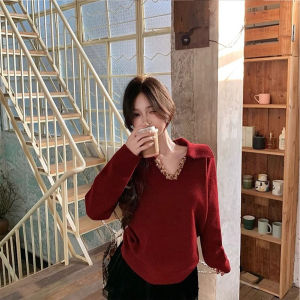 French Collar Knitted Sweater Womens Loose Long Sleeve Sequin Patchwork Lazy Style Polyester Fiber Soft Comfortable Breathable