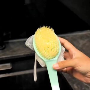 TUKUO ID Sikat Punggung + Shower Puff 2in1 / Alat Bantu Pembersih Penggosok Badan 2 Sisi / Body Brush + Spons Double Side Long Handle / Tongkat Mandi Gagang Panjang Serbaguna Sponge Spon Busa Sabun brush mandi