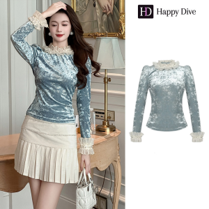 Happy Diva เสื้อผู้หญิง เสื้อสีฟ้า เสื้อแขนยาว เสื้อกำมะหยี่ เสื้อทำงาน เสื้อไฮโซ เสื้อวินเทจ เสื้อออกงาน เสื้อปาร์ตี้ 91435