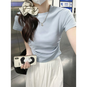 French Pure Desire Style Pleating Nipped-Waist Short-Sleeved T-shirt Womens Summer K-style Silm Slimming and Short Petite Top Tide